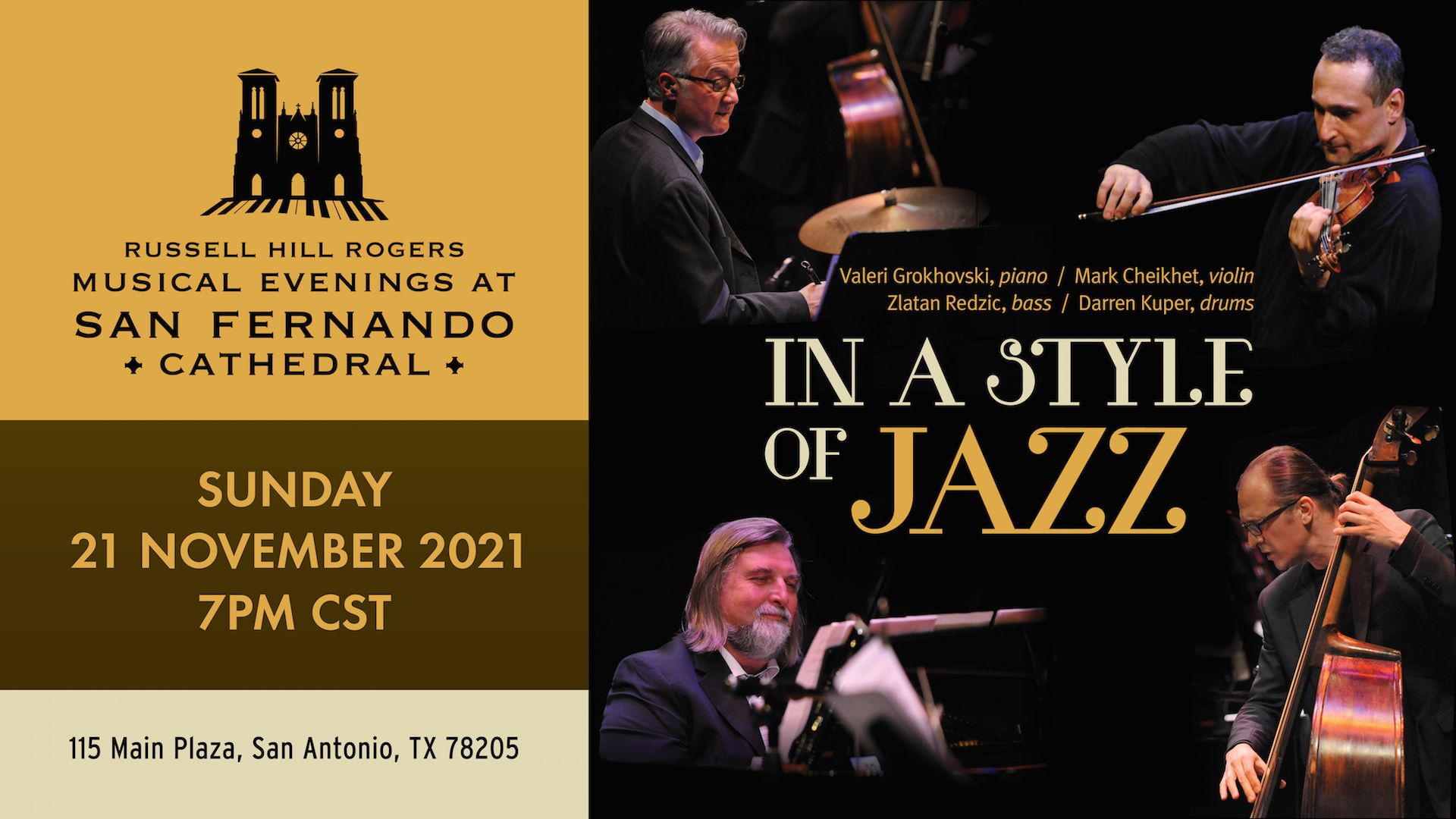 Event Graphic, Russell Hill Rogers Musical Evenings at San Fernando Cathedral, Sunday 21 November 2021 7PM CST, concert titled In A Style of Jazz