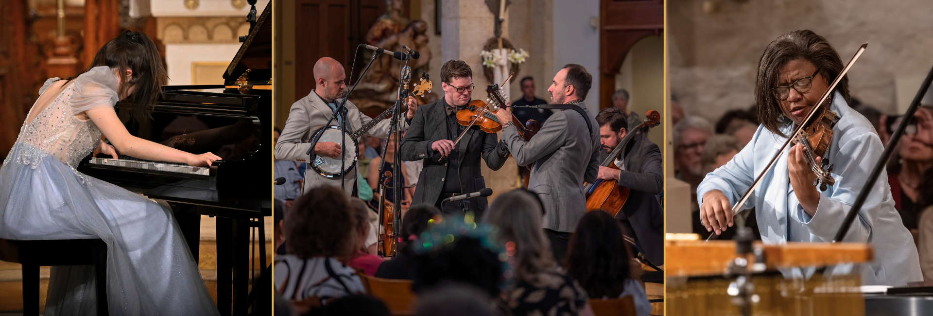 Musical Evenings Concert Series banner showcasing a pianist, an ensemble, and a violinist apart of Musical Bridges Around the Worlds Musical Evenings Concert Series Program